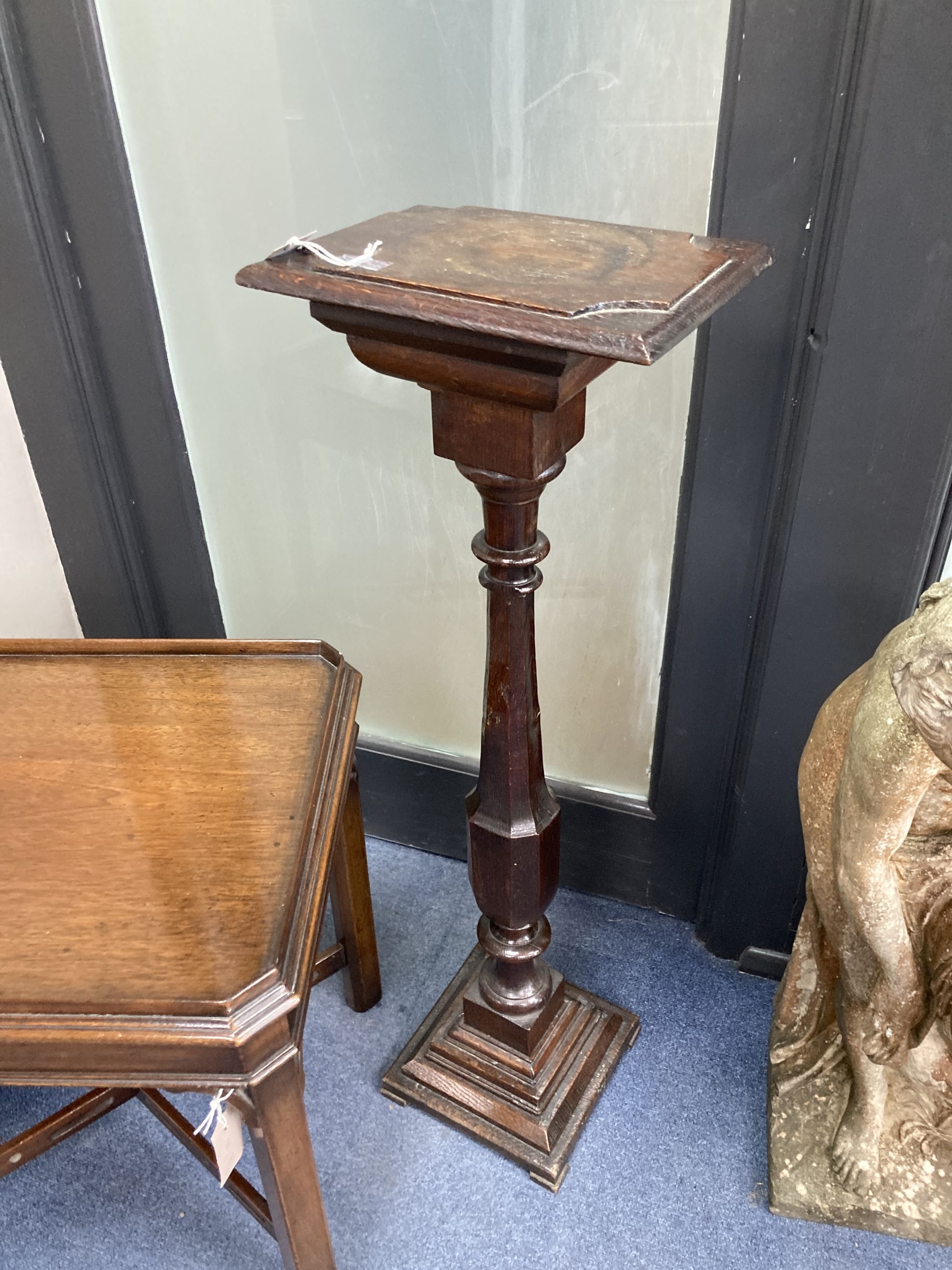 A George III style mahogany rectangular tray top occasional table, width 50cm, depth 42cm, height 53cm together with an oak torchere